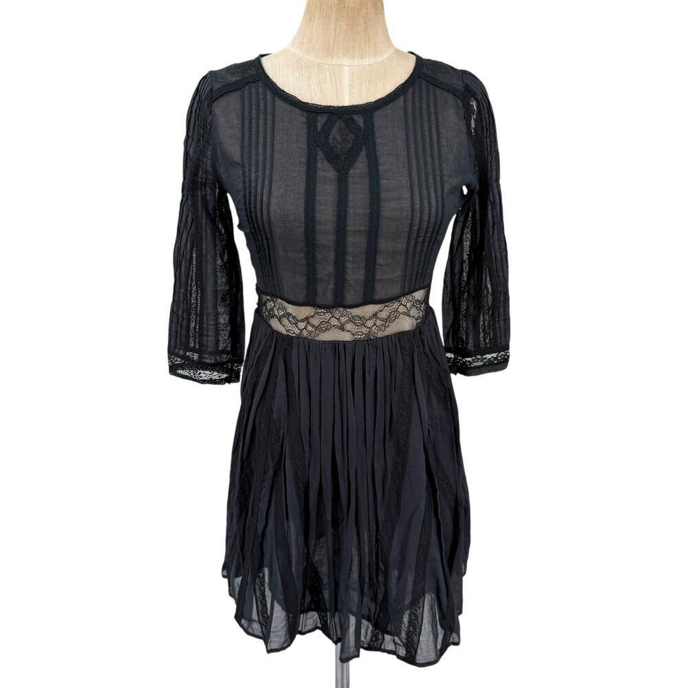 Free People Black Sheer Embroidered Lace Mini Dress Boho Romantic Gothic Size 2